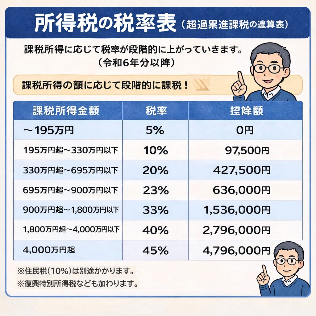 所得税の超過累進課税の税率表と所得に応じて税率が上がる仕組みの図解
