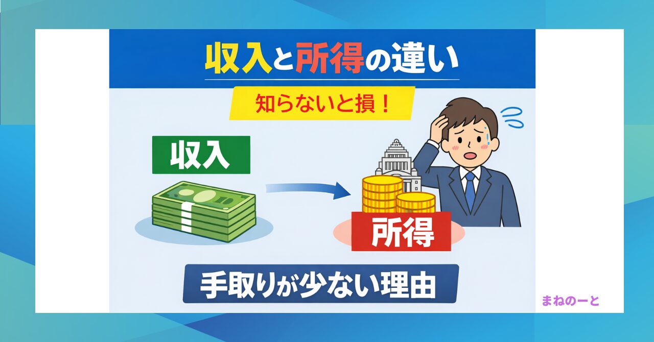 収入と所得の違いを図解で説明し税金は所得にかかる仕組みを示したアイキャッチ画像
