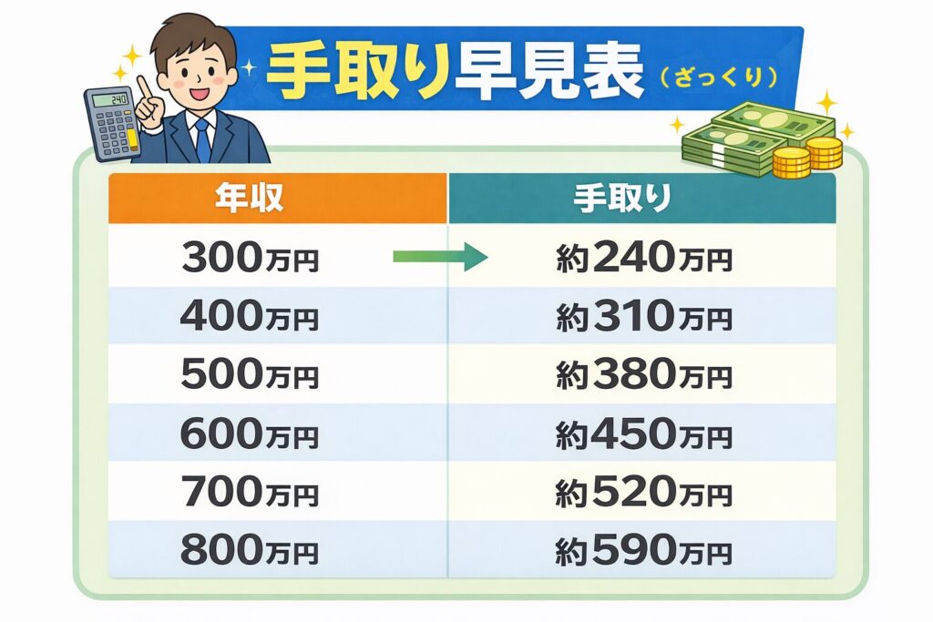 年収300万〜800万円に対する手取り額の早見表(約75〜85%の割合)を示した図
