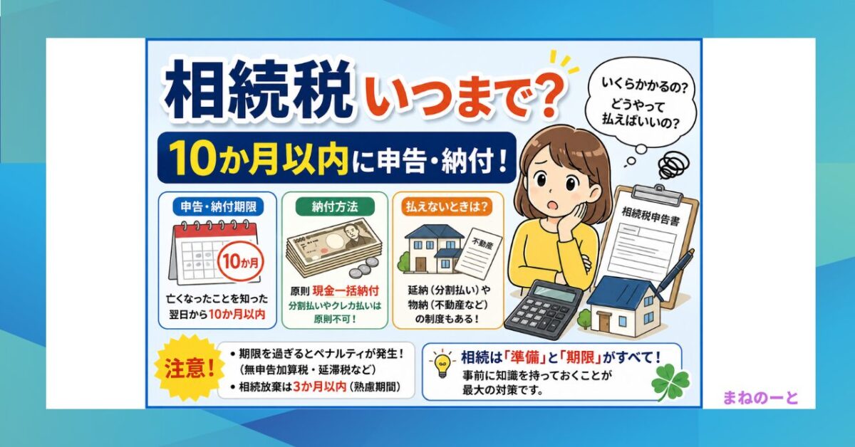 相続税の申告と納付期限は10か月以内で現金一括が原則であることを解説したアイキャッチ画像