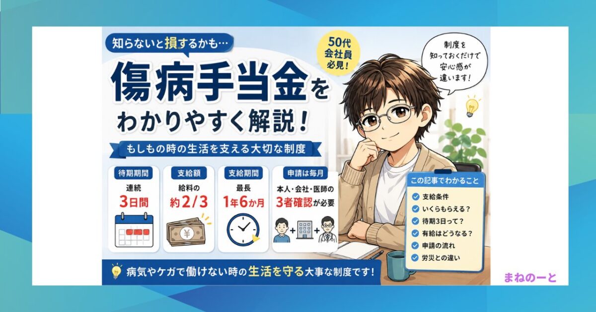 50代会社員向けに傷病手当金の重要性を伝えるアイキャッチ画像