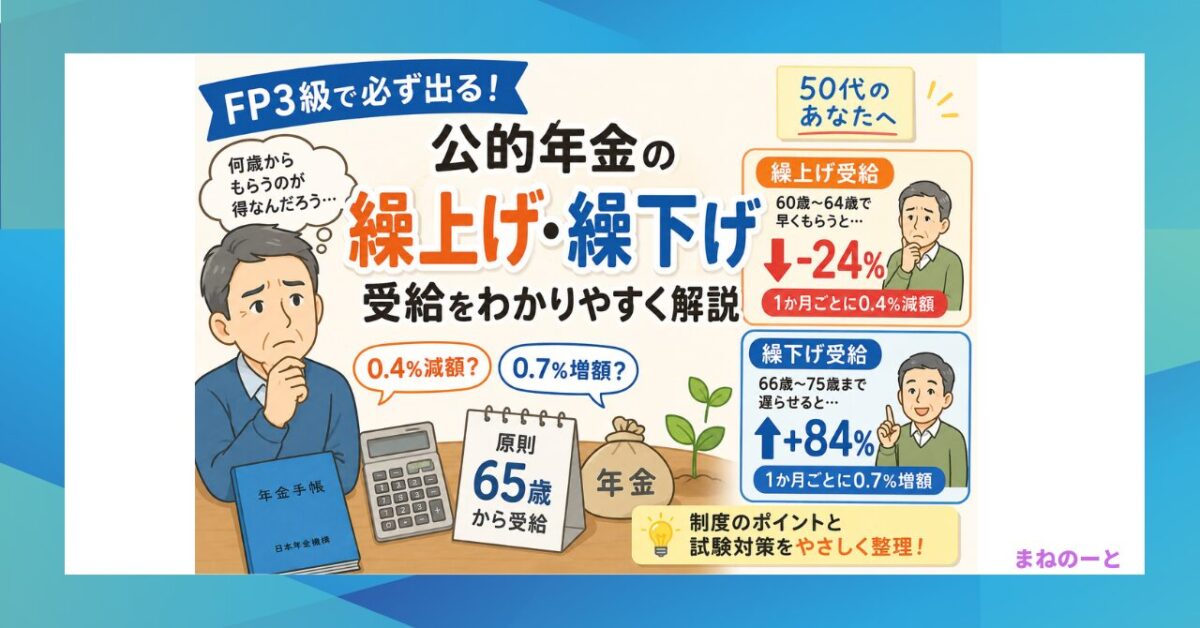 FP3級の公的年金で出題される繰上げ受給と繰下げ受給を解説するイメージ