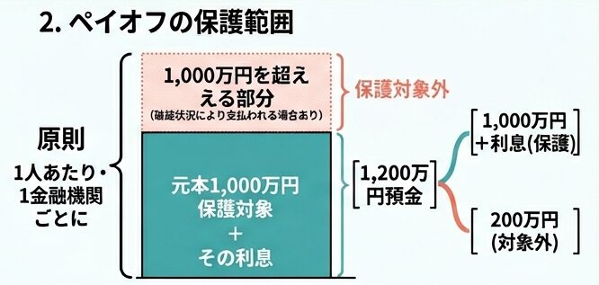 ペイオフによる元本1000万円と利息の保護範囲を示した図