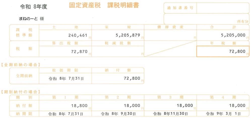 固定資産税課税明細書の課税標準額と年税額を確認する見本