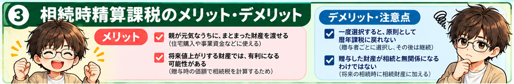 相続時精算課税のメリットとデメリットを比較したイラスト